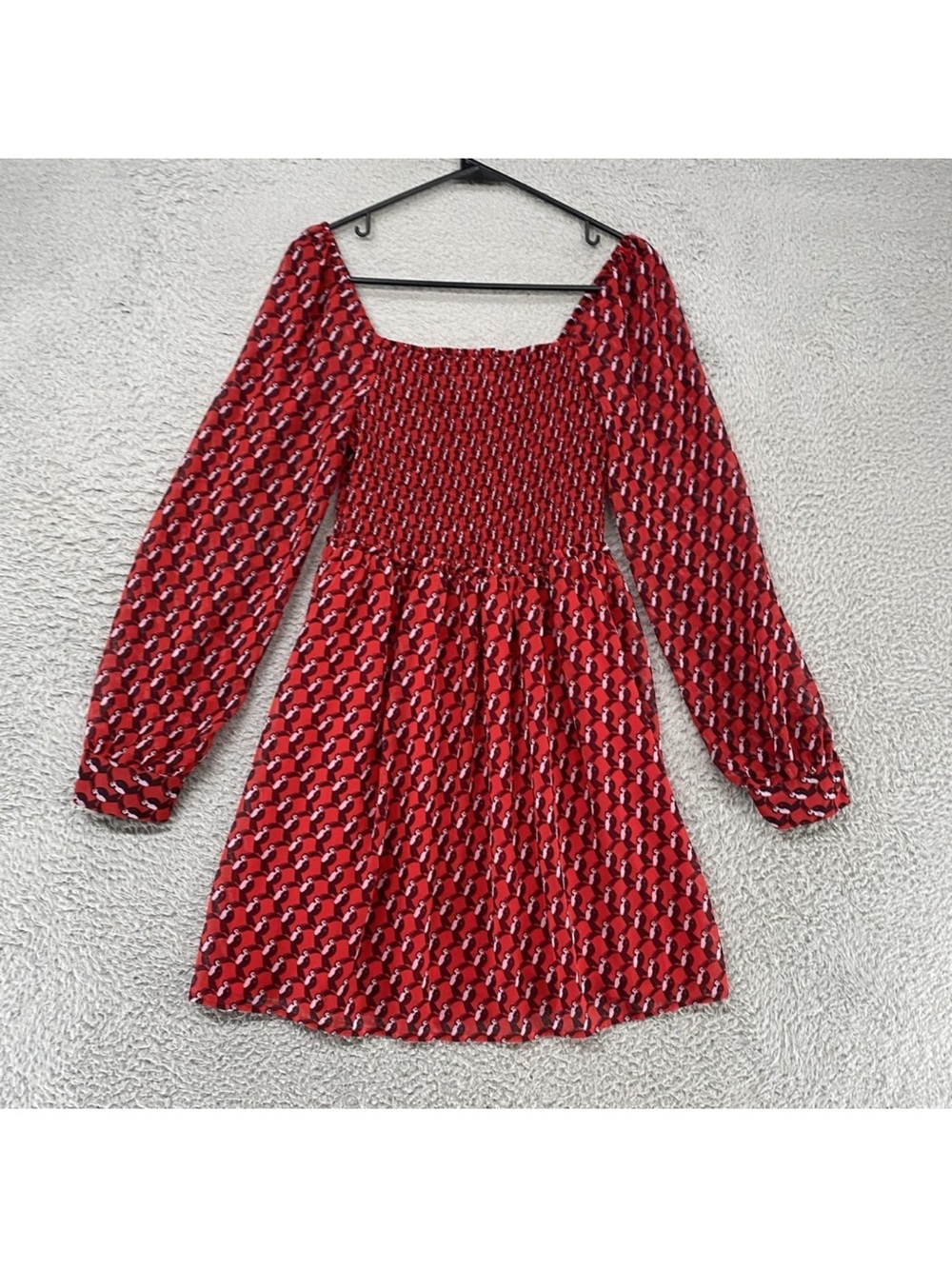 Vismaya x Anthropologie Red Smocked Long Sleeve Mini Dress